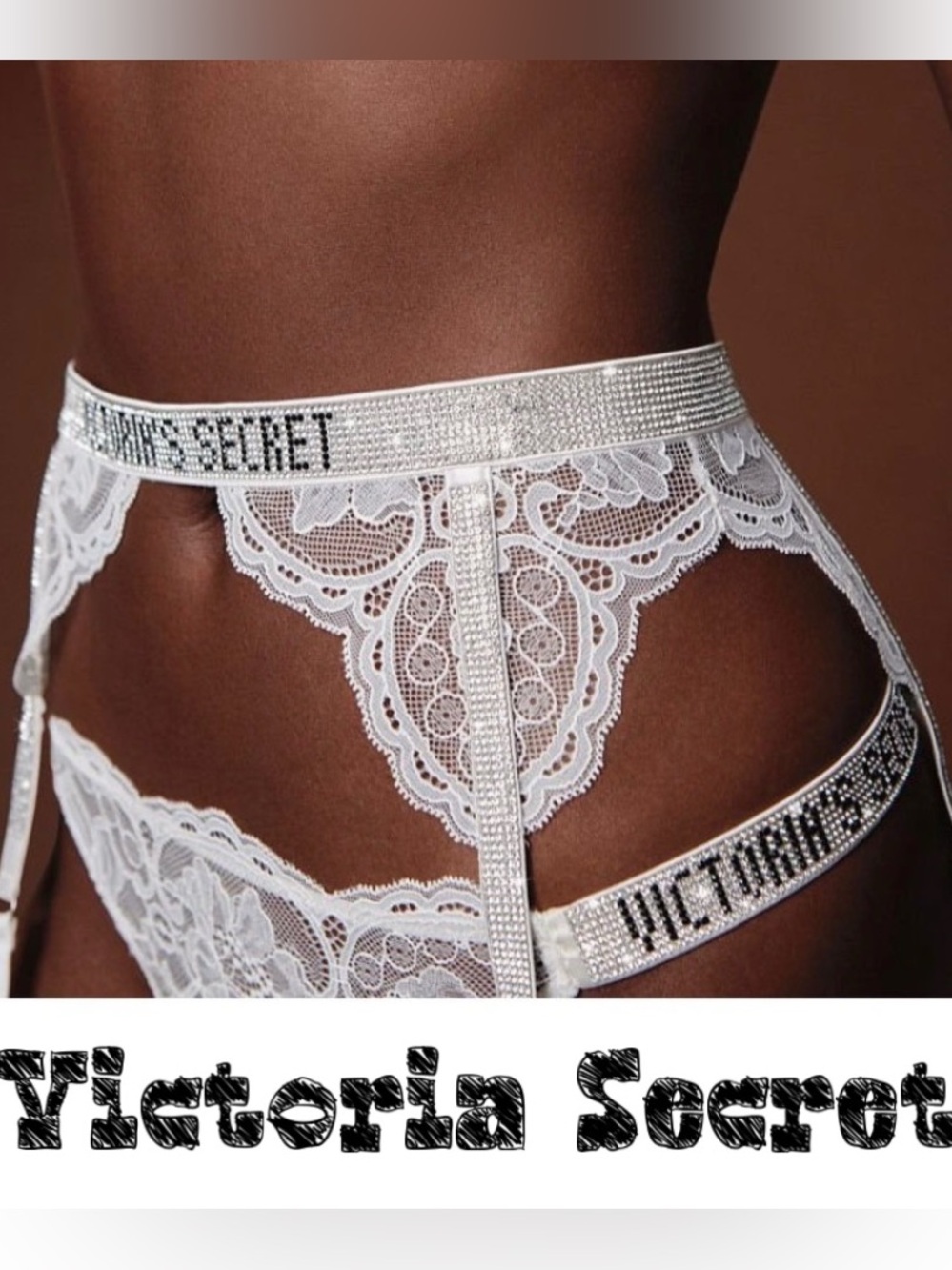 Victoria's Secret White Lace Garter Set with Branded Crystal Straps